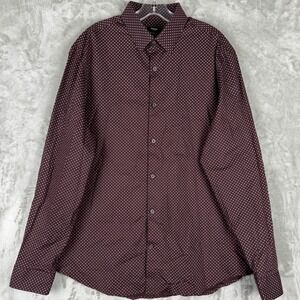 Express Mens Burgundy Dot Print Slim Fit Long Sleeve Button Down Shirt Large